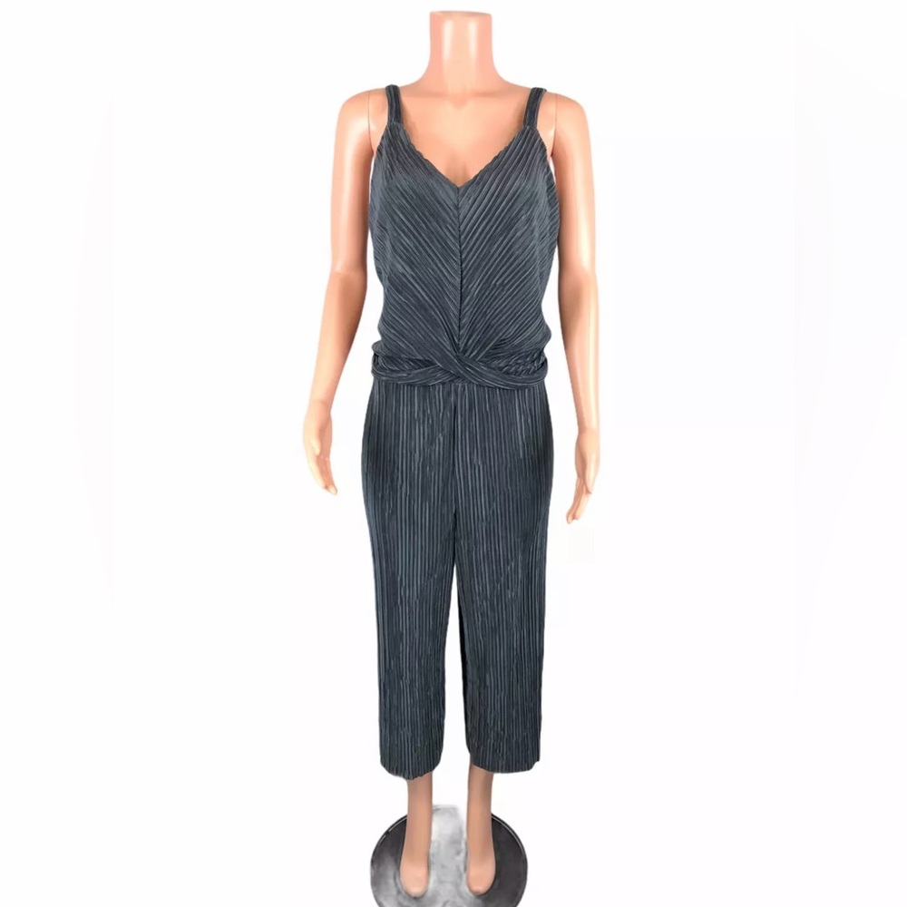 Black Plisse Micro Pleated Tank Top Cropped Wide Leg Jumpsuit - Picture 3 of 4